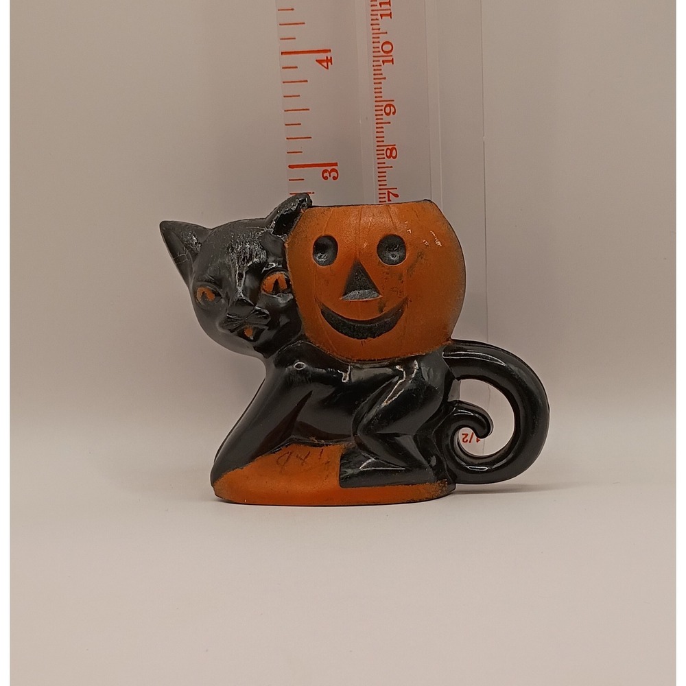 Vintage Rosbro Plastics Halloween Black Cat Jack O Lantern Candy Container RI